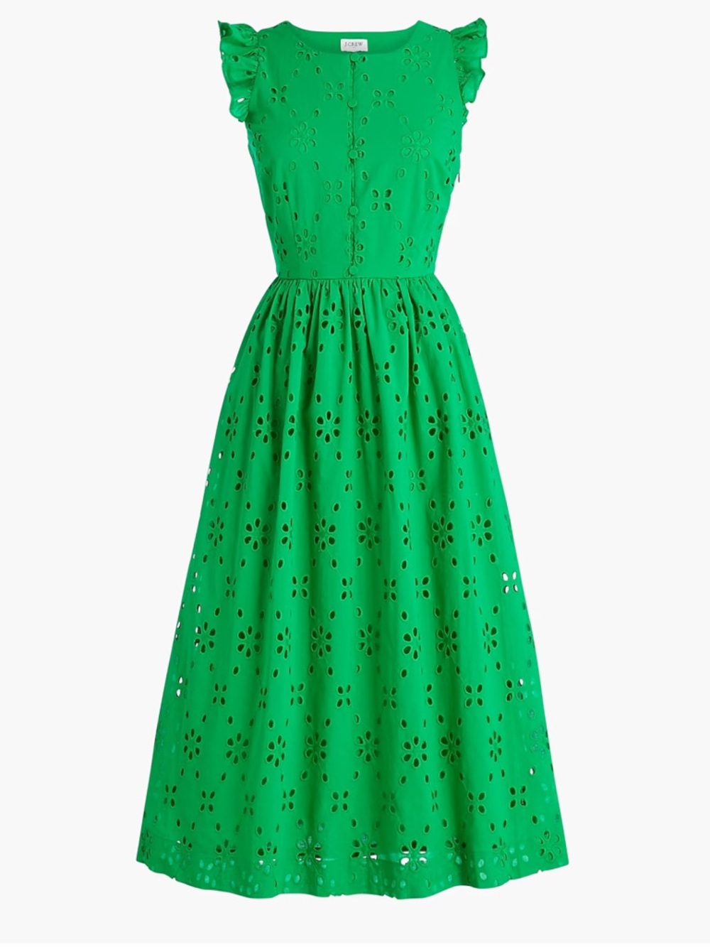 J. Crew Kelly Green Eyelet Ruffle Sleeve Midi Dress Re-Imagined Cotton Size 2
